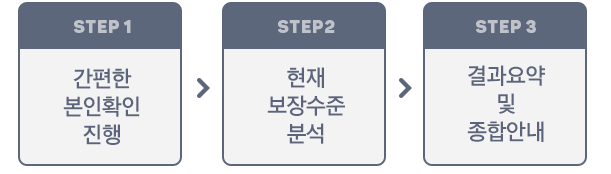 간편한 본인확인 진행 -> 현재 보장수준 분석 -> 결과요약 및 종합안내